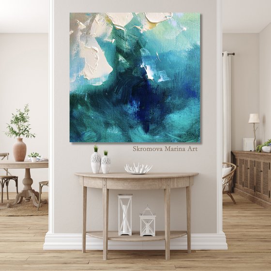CASTLE IN THE SEA FOG - Sea abstraction. Dark. Mystical. Sea Storm. Flowers. Peony. Hand Painted. Large strokes. Gradient. Emerland.