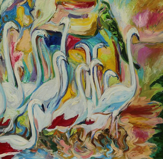 FLAMINGO - animal art, birds, original oil painting, large size XL , white and rose
