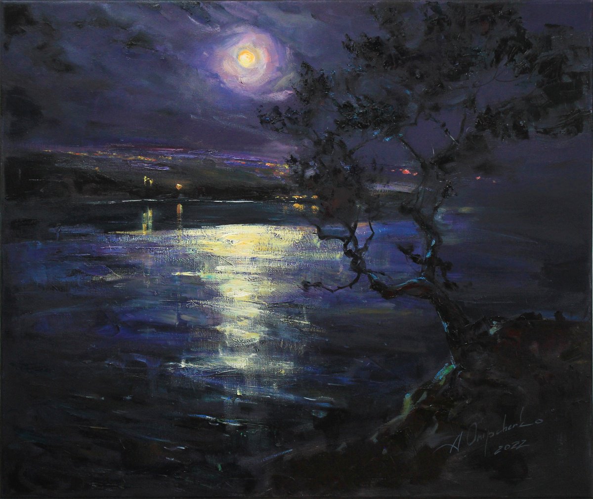 Impressionistic Landscape Oil Painting By Alisa Onipchenko-Cherniakovska, 37 X 31, In The Night, Original Artwork