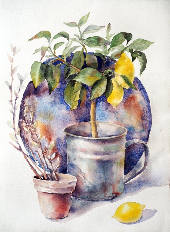 Country still life with lemon tree - original watercolor