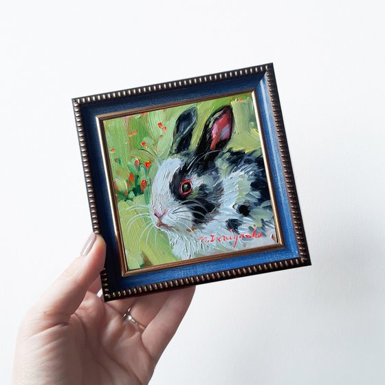 Cute rabbit painting original oil framed 4x4, Small framed art Black and white rabbit artwork green background