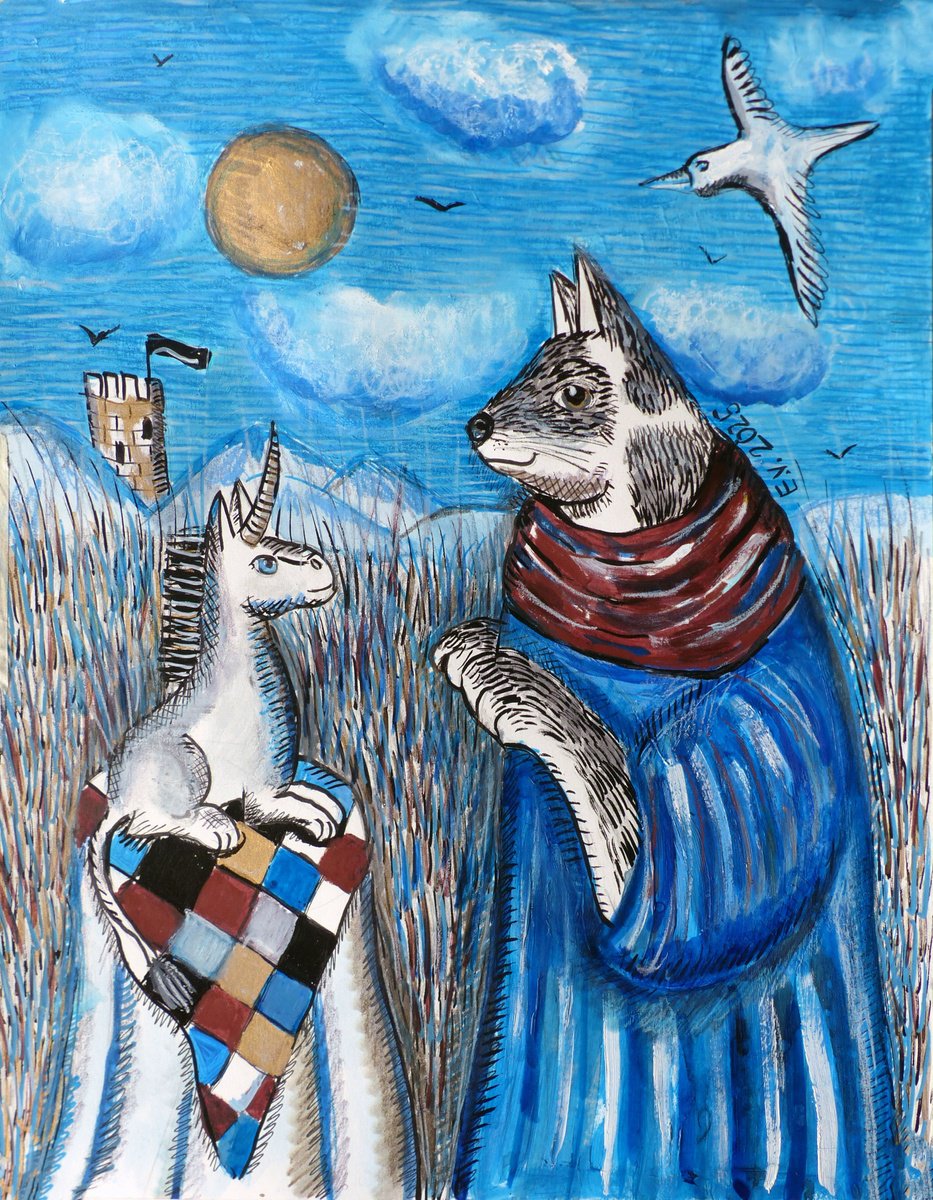 Surrealistic Animal Painting By Elizabeth Vlasova, 11 X 14, Tower Guards, Original Artwork