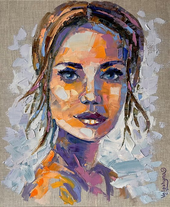 "Look at me". Portrait of a woman. Girl. Oil painting.