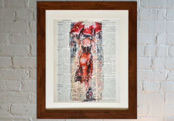 Lady in Red - Collage Art on Large Real English Dictionary Vintage Book Page