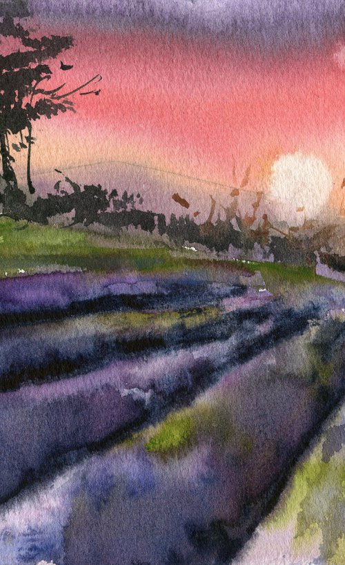 Lavender sunset, watercolor, 18,5x28 sm, deep colores, lavender, red, violet by Irina Povaliaeva