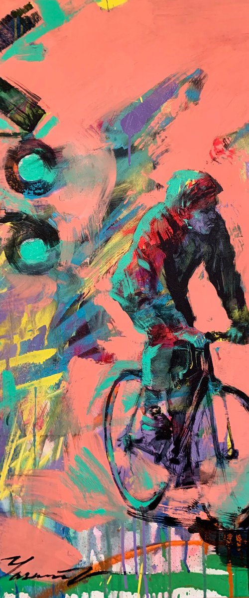 Bright painting - "City cyclist" - Urban Art - Pop Art - Bicycle - Street Art - Pink&Green - City - Street scene by Yaroslav Yasenev