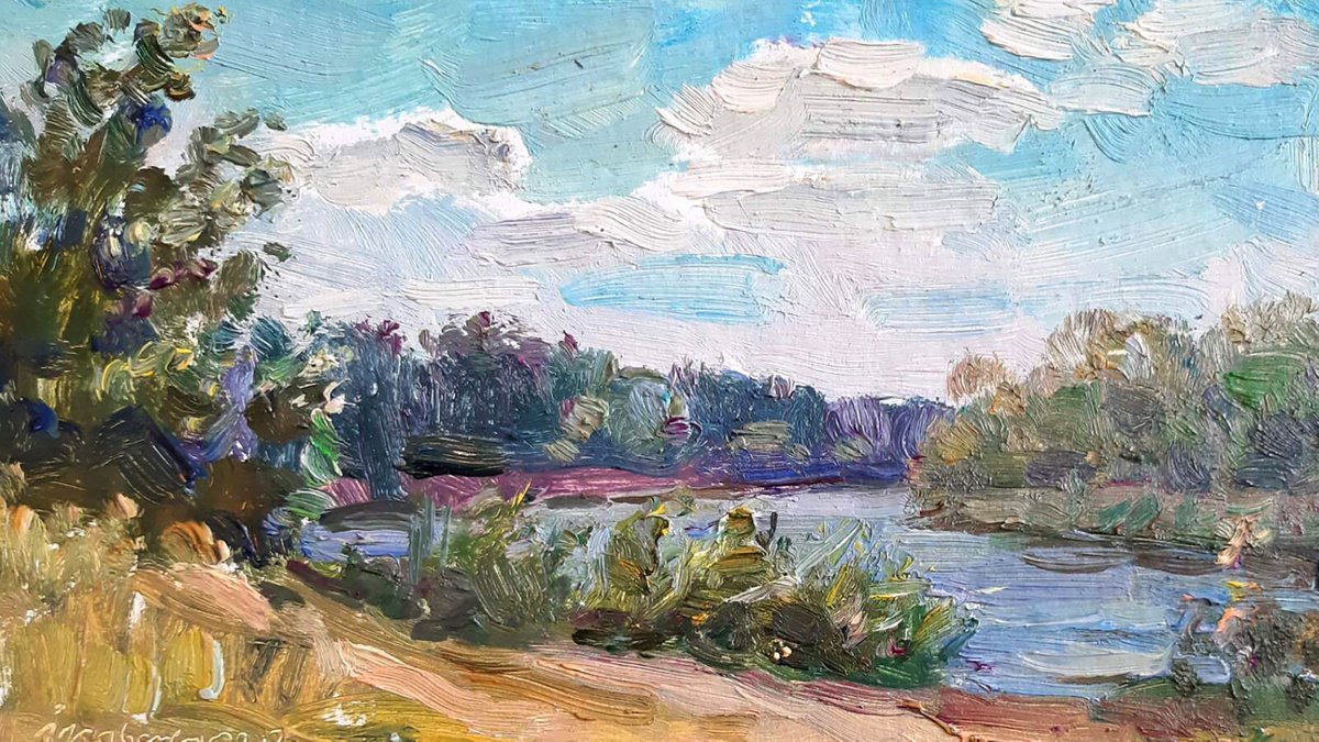 Impressionistic Landscape Oil Painting By Ivan Kovalenko, 9 X 5, Lake, Original Artwork