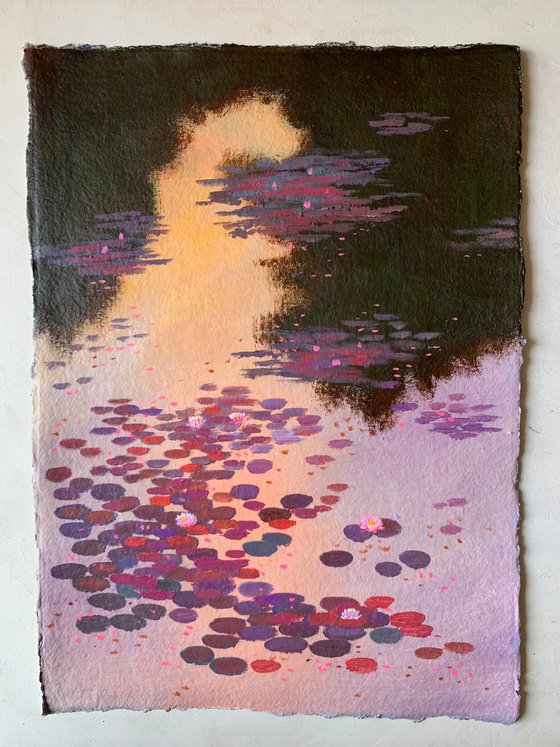 Sunset glow on lily pond! A3 size Painting on Indian handmade paper