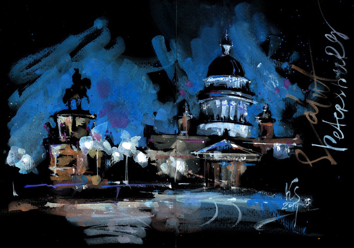 Expressive Cityscapes Watercolour By Ksenia Selianko, 17 X 12", Lights Of The Night City, Original Artwork