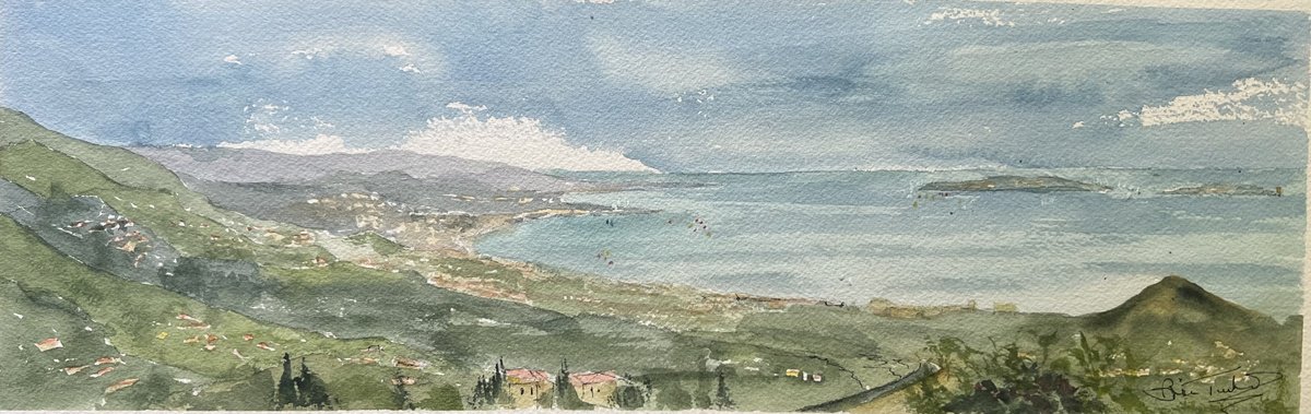 Impressionistic Landscape Watercolour By Brian Tucker, 18 X 6, The Bay Of Cannes, Original Artwork