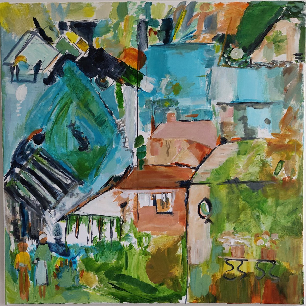 Abstract Acrylic Painting By Sylvie Dodin, 39 X 39", Houses, Original Artwork