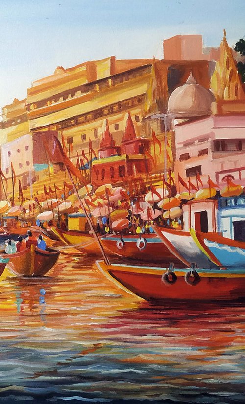 Colorful Morning Varanasi Ghats Painting by Samiran Sarkar