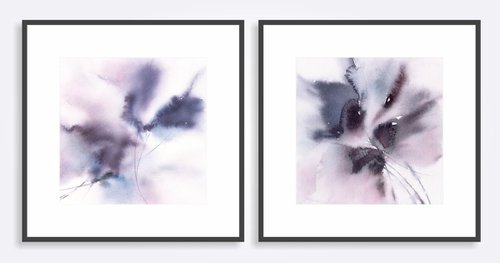 Blue abstract flowers. Set of 2 small watercolor floral paintings by Olga Grigo