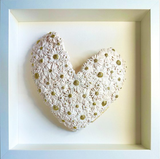 As Fresh as a Daisy (White polymer clay heart with gold)