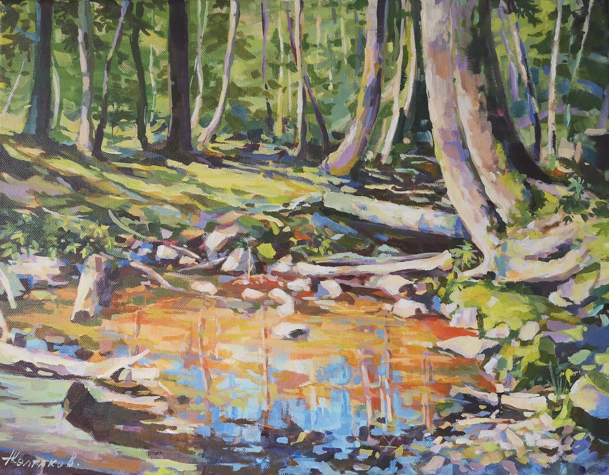 Impressionistic Landscape Acrylic Painting By Alexander Koltakov, 18 X 14, Sunny Stream 2, Original Artwork