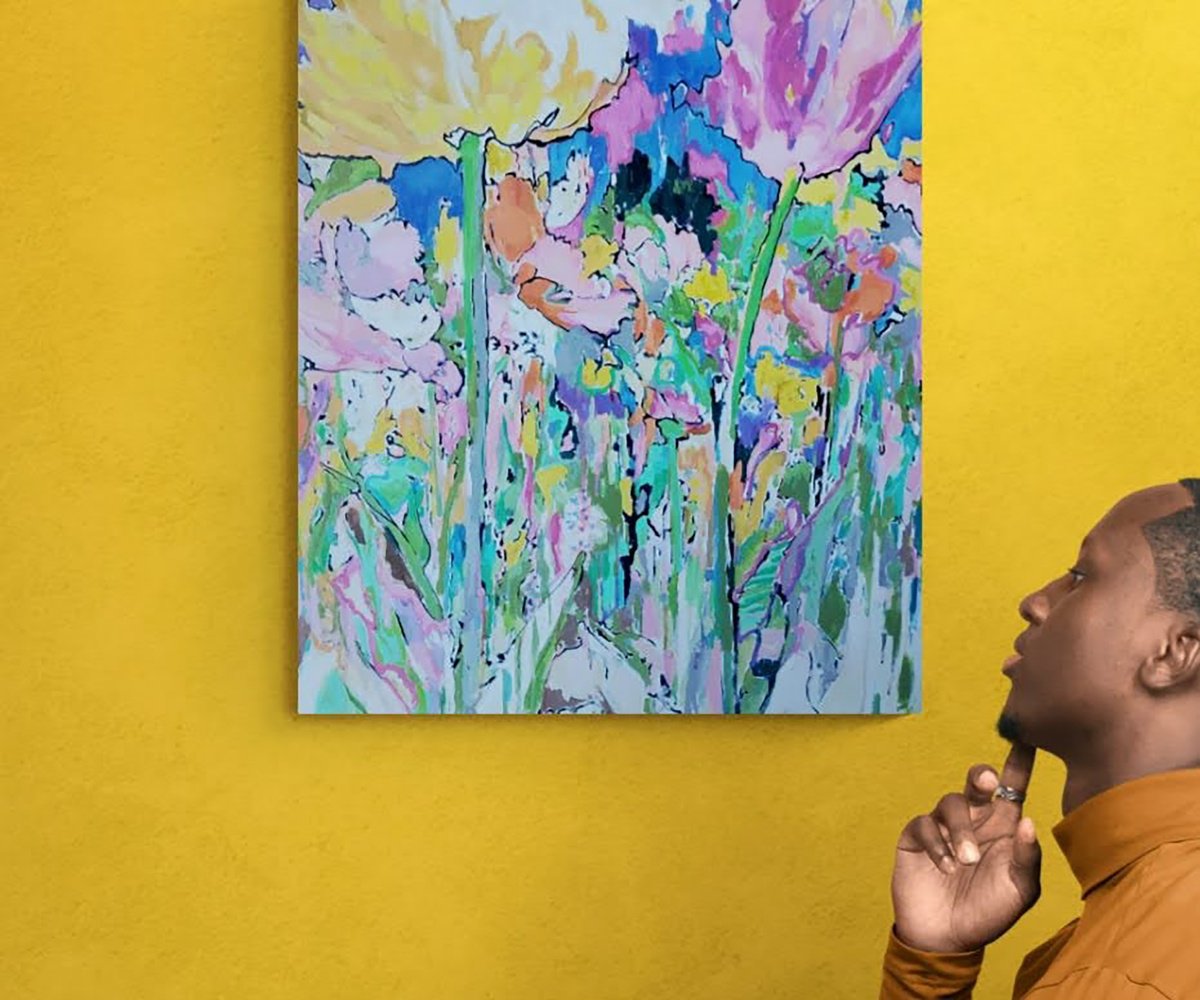 Expressive Botanical Oil Painting By Cinzia Busto, 24 X 28, Campo Di Tulipani In Un Giorno Di Primavera, Original Artwork