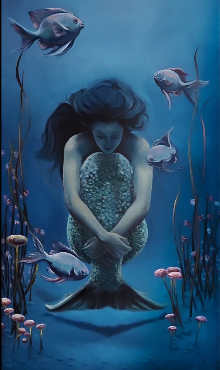 Surrealistic Portrait Oil Painting By Veronica Ciccarese, 16 X 28", Submerged Dream, Original Artwork