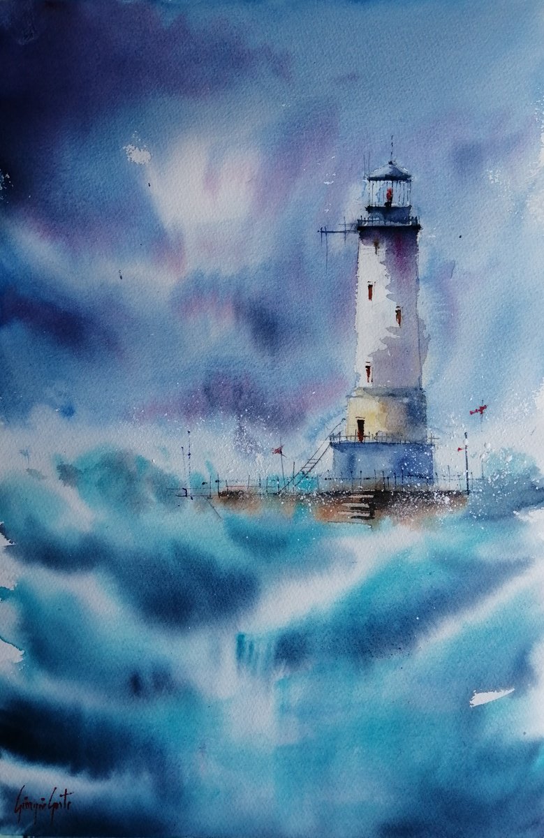 Impressionistic Landscape Watercolour By Giorgio Gosti, 14 X 21, Lighthouse 31, Original Artwork