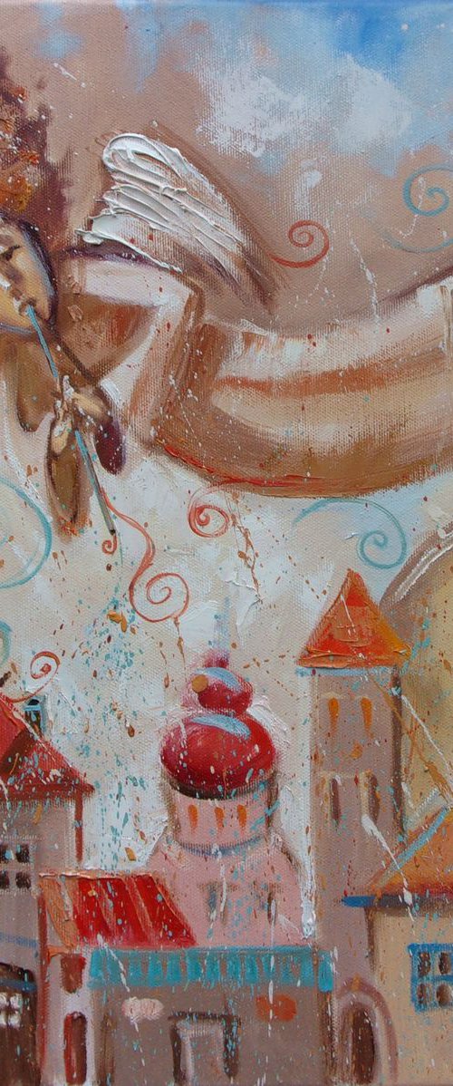 " WAKE UP " original painting ANGEL MUSIC morning palette knife GIFT by Monika Luniak