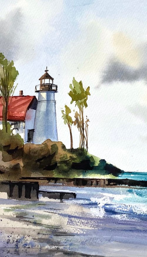 Lighthouse on the beach  watercolor painting with sea , waves and lighthouse , decor for living room, gift for sea lovers by Irina Povaliaeva