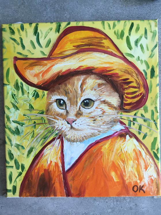 Satisfied  Cat La Van Gogh in a straw hat FELINE ART FOR CAT LOVERS GIFT IDEA