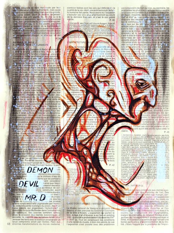 Demon - Original Painting Collage Art on Vintage Page