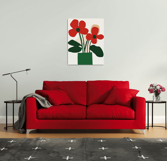 Red Flowers in Green Vase