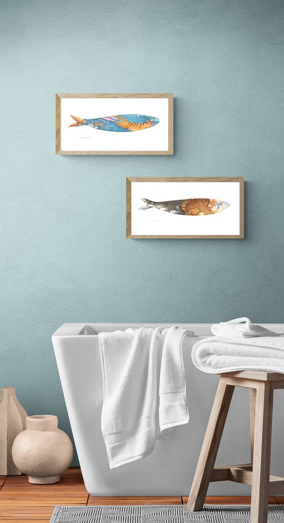 Gourmets of sardines 42x20cm. Cat diving. Set from the series My Sardines / ORIGINAL art Fish picture Cat illustration