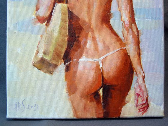 A HOT DAY by Yaroslav Sobol (Beautiful Blonde girl Summer Beach scene Oil Painting Portrait)