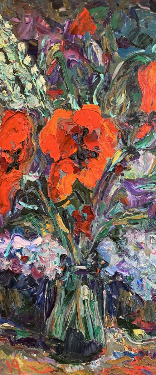 STILL LIFE WITH POPPIES - Floral art, still life with flowers, original painting oil on canvas, painting for sale, gift art 70x50cm by Karakhan