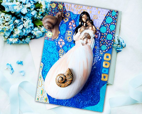 Mother and baby. Fairytale snail woman in sea shell