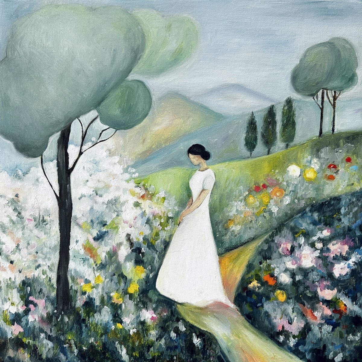 Impressionistic Portrait Oil Painting By Irina Anis, 16 X 16, Woman In The Garden, Original Artwork