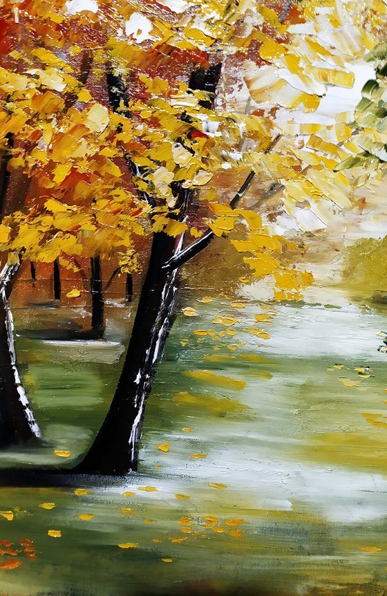 Autumn road, original landscape with trees, oil painting, Gift, bedroom art