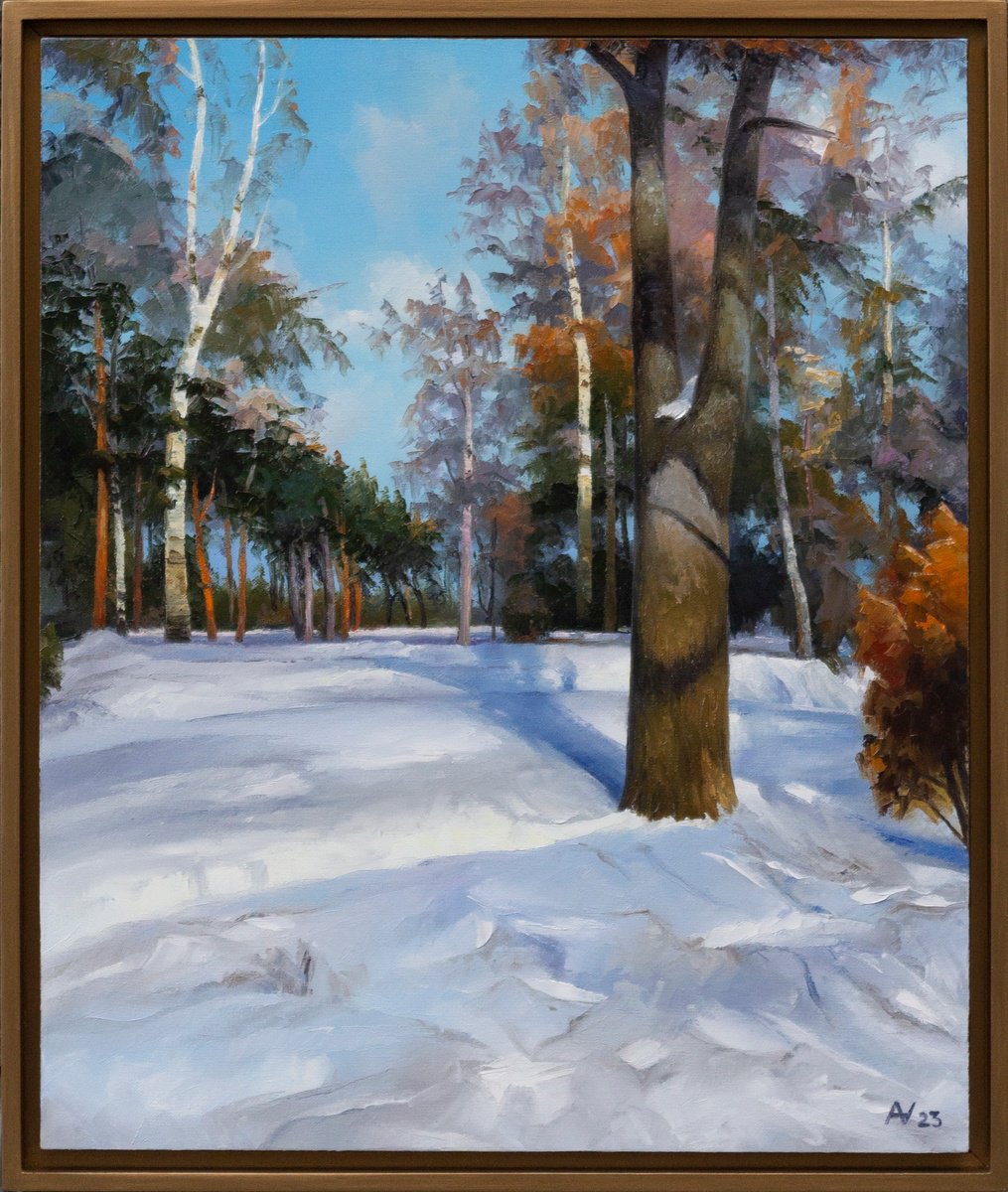 Impressionistic Landscape Oil Painting By Oleksii Vylusk, 21 X 25", Winter Day 02, Original Artwork
