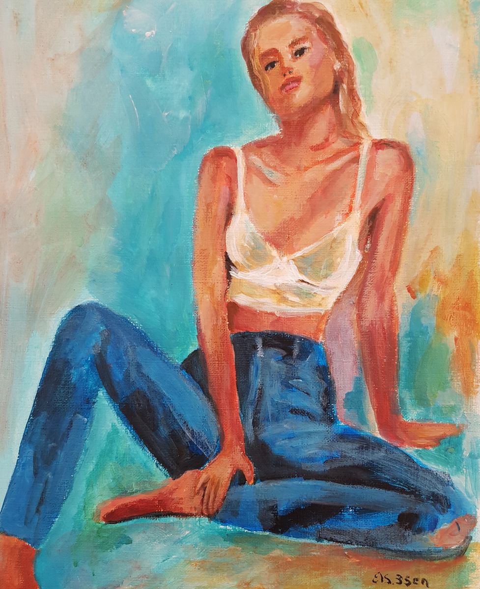 Impressionistic Portrait Acrylic Painting By Els Driesen, 8 X 12, Jeans, Original Artwork