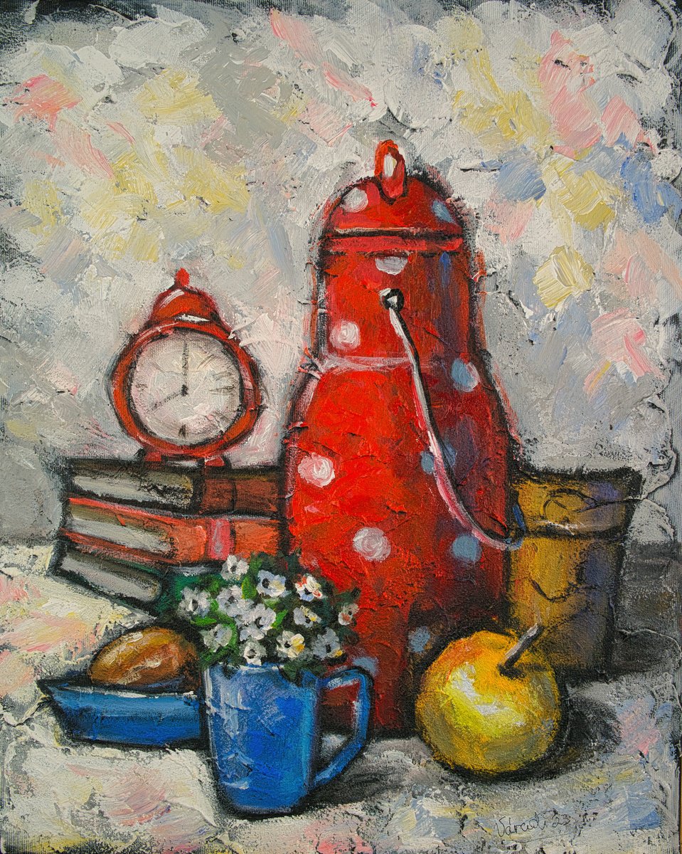 Impressionistic Still Life Acrylic Painting By Catherine Varadi, 16 X 20, Still Life With Old Clock, Original Artwork
