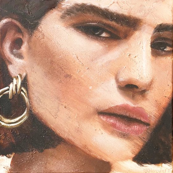 Brunette with earring | Beautiful woman brain hair oil painting on canvas portrait female