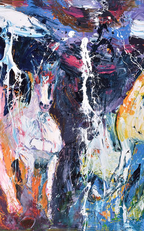 Horse painting - LATE NIGHT HORSES 150 x 100 cm. | 59.06"X 39.37" Equine art Oswin Gesselli by Oswin Gesselli