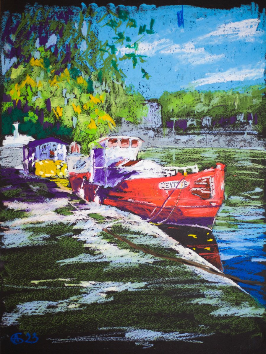View of Sain-Martin in Paris. Red boat. Medium oil pastel drawing bright colors France by Sasha Romm