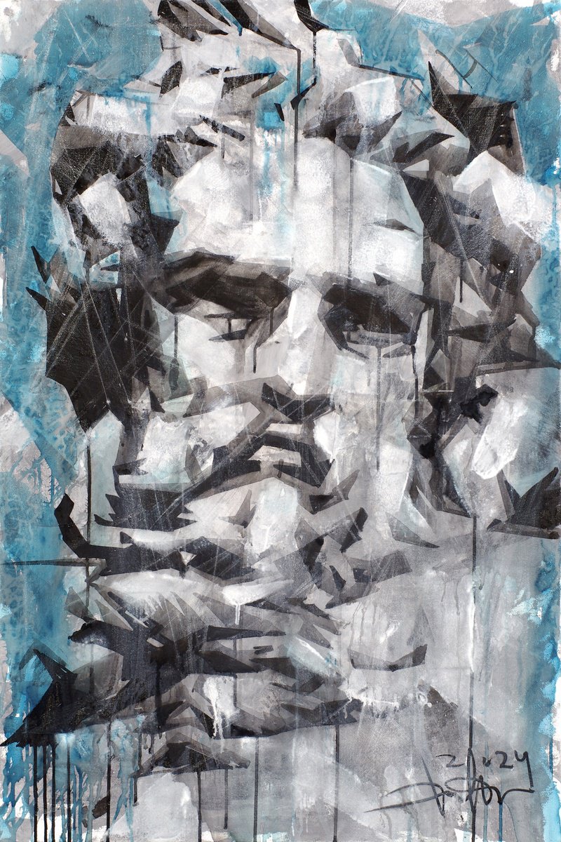 Impressionistic Portrait Acrylic Painting By Dmytro Filatov, 31 X 47, Poseidon, Original Artwork