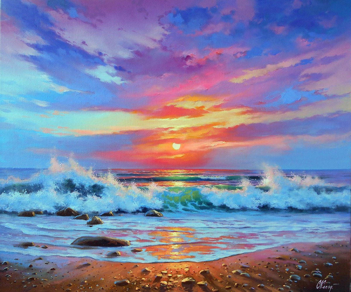 Sunset Surf/60x50cm/Original oil on canvas/Free Shipping by Kolodyazhniy Sergey