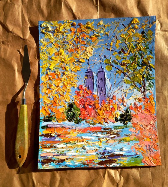 NYC Fall Painting Cityscape Original Art New York Small Oil Artwork Autumn Impasto Pallete Knife Wall Art 8 by 10" by Halyna Kirichenko