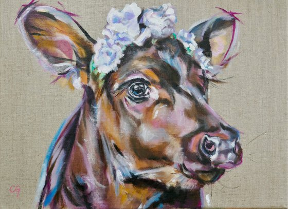 Perle Cow original oil painting 16x12"