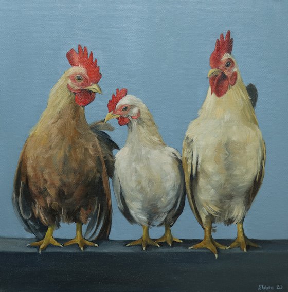 Chickens in a Row, Chicken Painting, Animal Artwork, Nature Wall Decor Framed and Ready to Hang Oil Painting by Alex Jabore Active