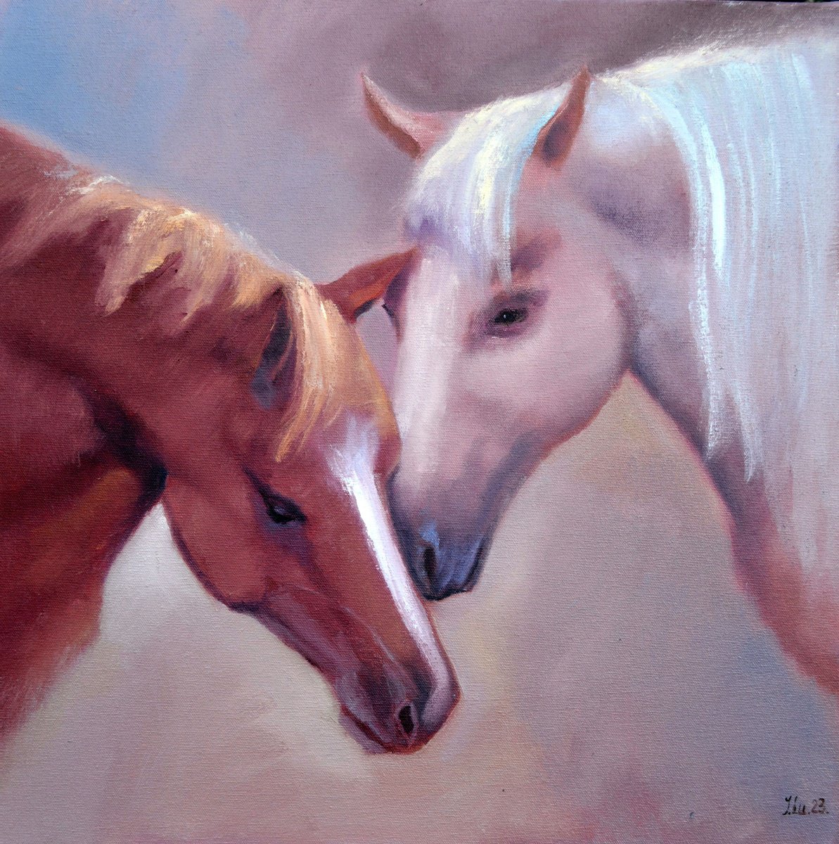 Expressive Animal Oil Painting By Elena Lukina, 20 X 20, Tender Love, Original Artwork