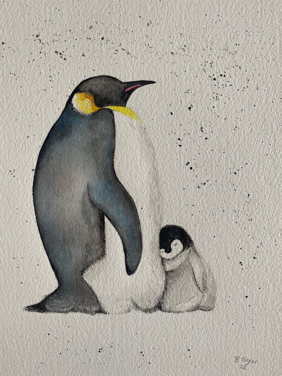Penguin with chick watercolour by Bethany Taylor