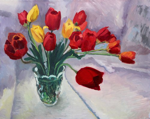 Still life 16 20" Oil painting-Original Tulips by Leo Khomich