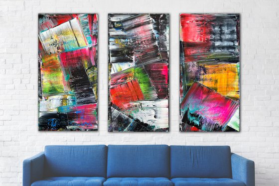 "Screaming In Color" - Save As A Series - Original PMS Xt Large Abstract Acrylic Painting Triptych On Canvas - 72" x 48"