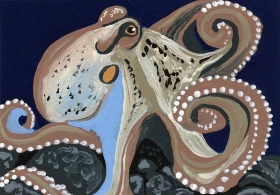 ACEO ATC Original Painting Octopus Marine Wildlife Art-Carla Smale