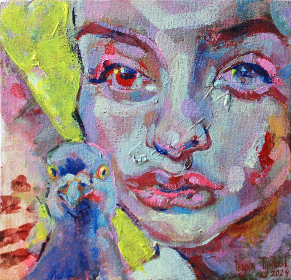 Expressive Portrait Acrylic Painting By Iryna Tymkul, 8 X 8, The Look Of A Dove, Original Artwork